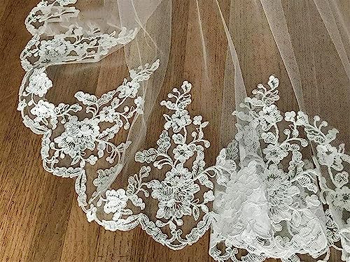 Veil,Wedding Veil, Bridal Veil,Bridal Veil Flower Lace, White Ivory Wedding Veil 3m with Comb Lace Cathedral Veil Ribbon (Color : Bianco, Size : 300cm)