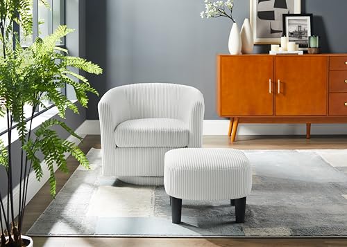 Modern Barrel Swivel Chair, 360 Degree Swivel Accent Chair with Ottoman, Corduroy Fabric Armchair, Upholstered Tufted Round Accent One-Seater Sofa for Bedroom
