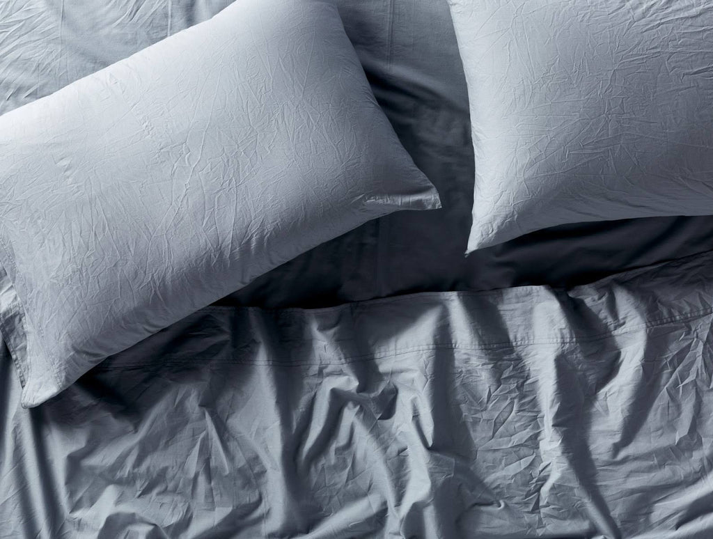 Coyuchi | Organic Crinkled Percale Fitted Sheet King Steel Blue