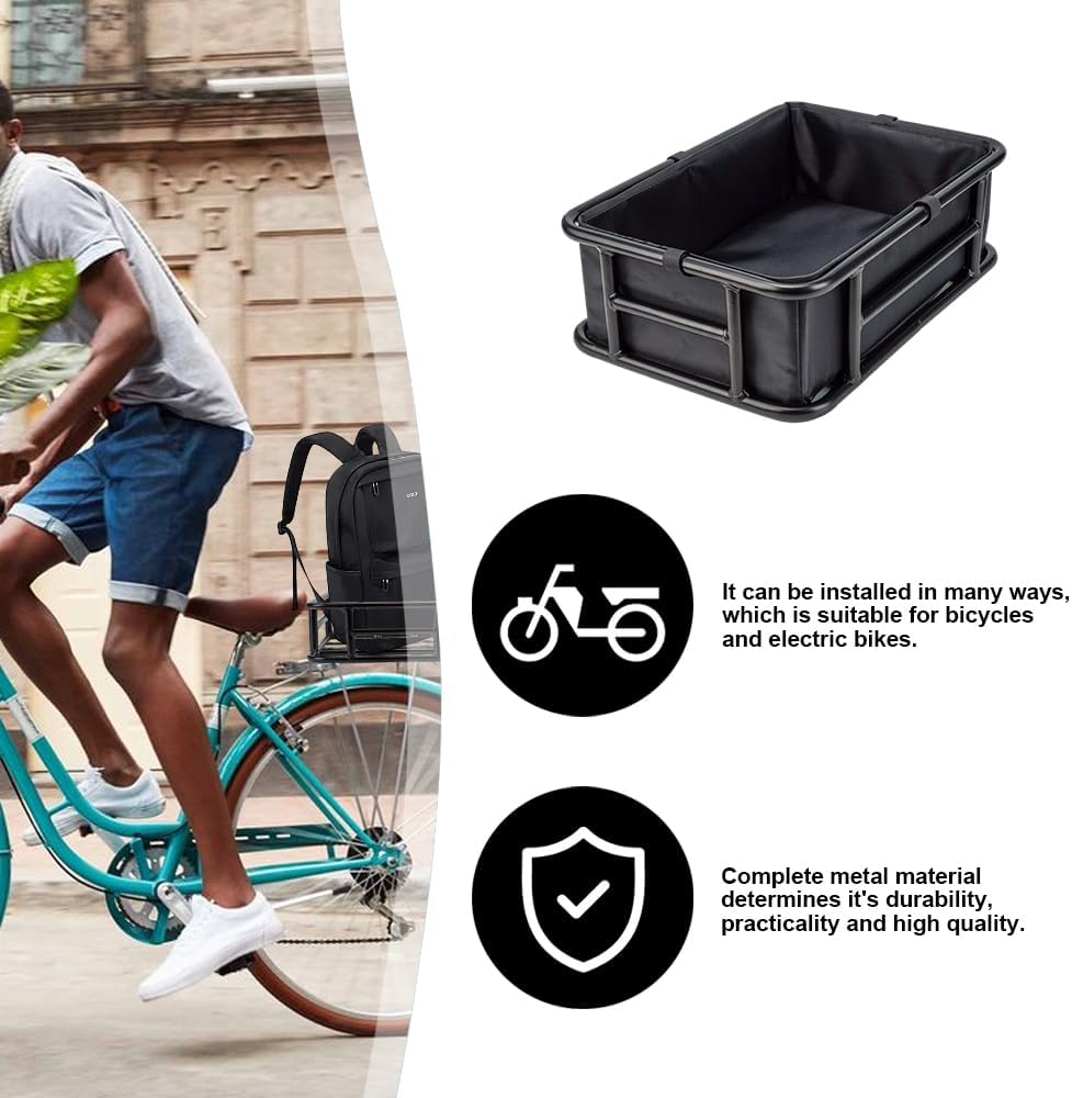 Rear Bike Basket with Black Liner, Cargo Net Large Rear Removable Metal Bicycle Basket, Heavy Duty Rear Basket for Electric Bike, Great for Bike Trip Carrying Grocery Dog