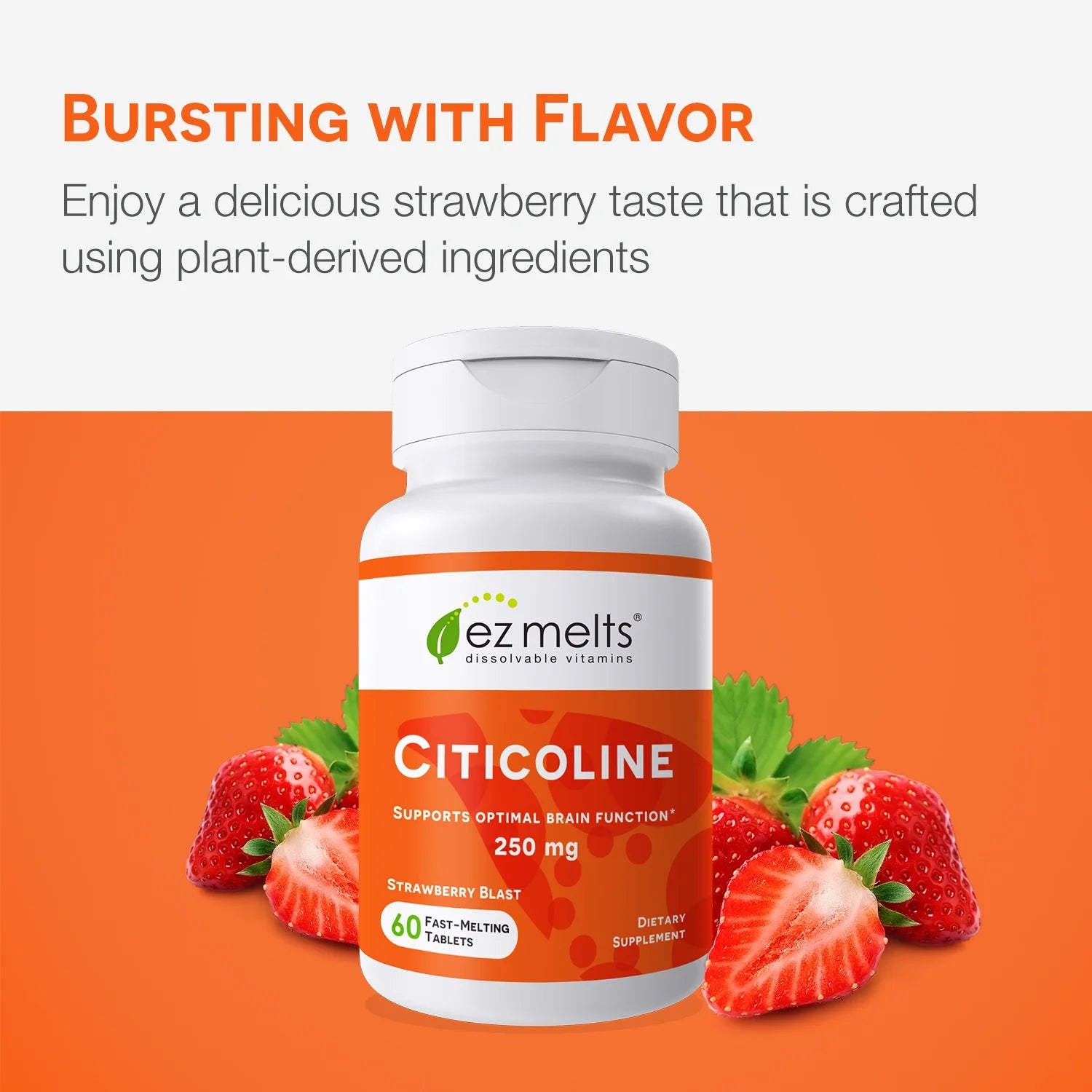 EZ Melts Citicoline Supports Optimal Brain Function, 250 mg 60 Tablets, Strawberry Flavored, Vegan Dietary Supplements, Dissolvable and Fast Melting