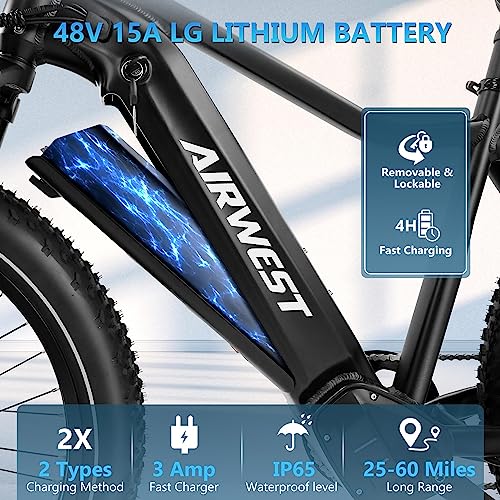 airwest Electric Bike for Adults, UL 2849 Certified, 1000W BAFANG Motor EBike, 48V 15Ah LG Battery 26" x4.0 Fat Tire Electric Bicycle 28MPH 50Miles Mountain Electric Bike, Hydraulic Disc Brakes