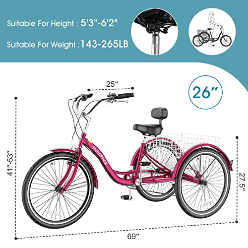 Adult Tricycles, 7 Speed Adult Trikes 20/24/26 inch 3 Wheel Bikes, Cruise Bike with Basket for Seniors, Women, Men for Recreation, Shopping, Exercise, Multiple Colors