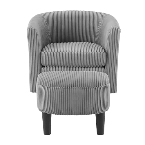 360 Degree Swivel Chair with Ottoman, Modern Upholstered Tufted Barrel Swivel Chair, Corduroy Fabric Accent Chair, Round Armchair Sofa for Living Room Bedroom