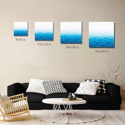 Blue Ocean Waves Canvas Print Wall Art Painting, Modern Wall Decor for Bedroom Living Room Giclee Artwork HD Picture Strenched and Framed Abstract Ombre Mountain Peak