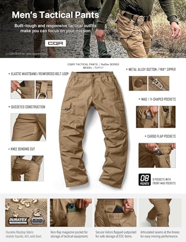 CQR Men's Tactical Pants, Water Resistant Ripstop Cargo Pants, Lightweight EDC Work Hiking Pants, Outdoor Apparel