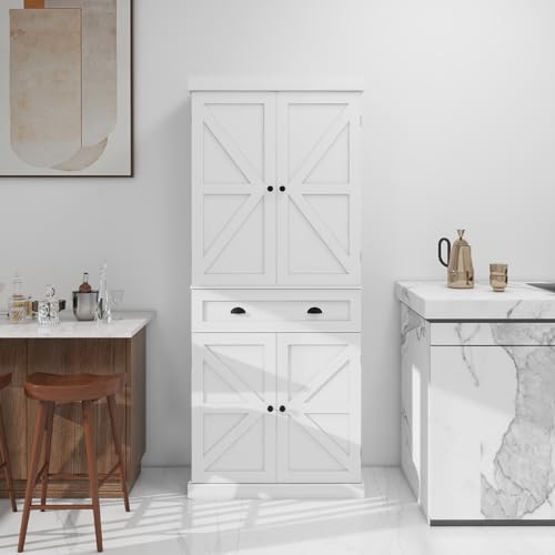 72" Kitchen Pantry Storage Cabinet Kitchen Cupboard with 4 Doors (2Doors with Racks),1 Drawer, 2 Adjustable Shelves Wood White Storage Cabinet for Dining Room Living Room Bathroom