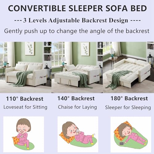 Convertible Sofa Bed, 3 in 1 Velvet Sleeper Loveseat with Pull Out Bed, Adjustable Backrest, 2 Pillows and 2 Foldable Side Table, Futon Loveseat Couches for Living Room, No.2-Black