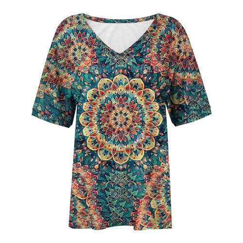 Western Shirts for Women Retro Ethnic Floral Printed Tops V Neck T Shirts Geometric Graphic Tees Dressy Boho Blouses