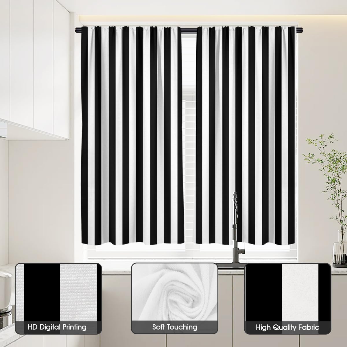 Black and White Kitchen Curtains Striped Simple Trendy Neutral Art Boys Men Teen Small Short 27.5" W x 39" L Window Treatment Tiers for Bedroom Living Room Bathroom 2 Panels Rod Pocket Drapes