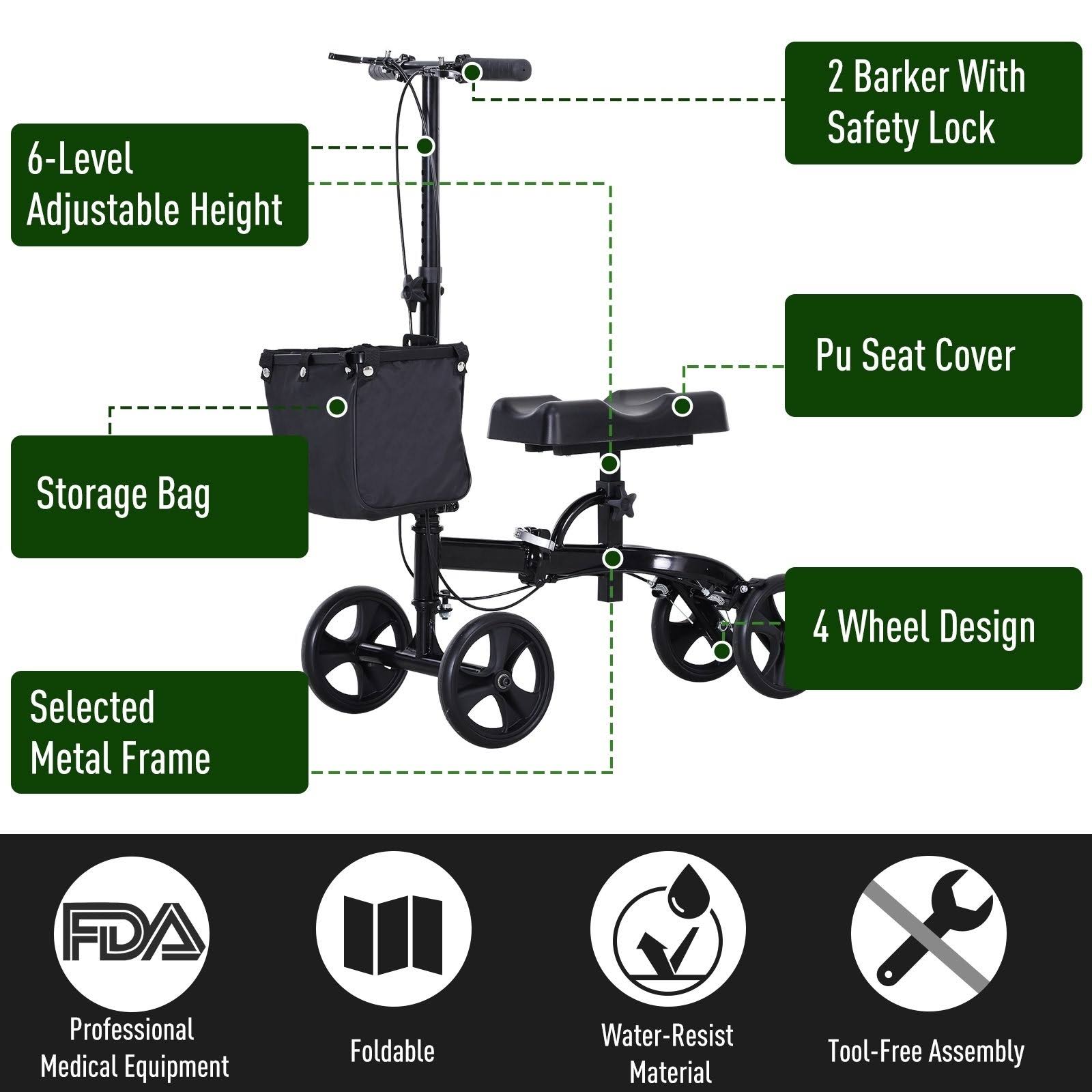 HOMCOM Medical Foldable Steerable Leg Knee Walker Scooter with Basket Attachment, Size: 14.25, Black
