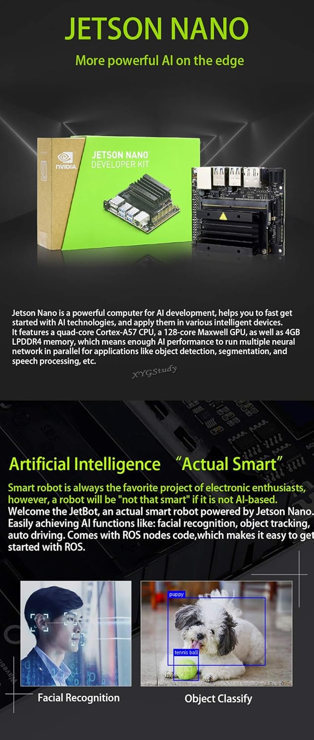 JetBot AI Kit Add-ons Accessories for Jetson Nano to Build Smart Robot JetBot with Front Camera Eye and ROS Nodes Code Dual Mode Wireless WiFi Bluetooth Facial Recognition Object Tracking @XYGStudy