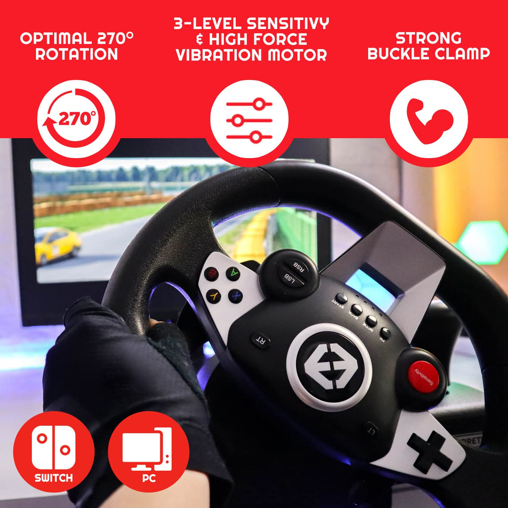 EVORETRO Steering Wheel for PC, Racing Wheel, Pedals, Paddle & Stick Shifter, Compatible with Nintendo Switch Games - Mario Kart 8 & More! High Vibration Feedback, Adjustable Desk Clamp