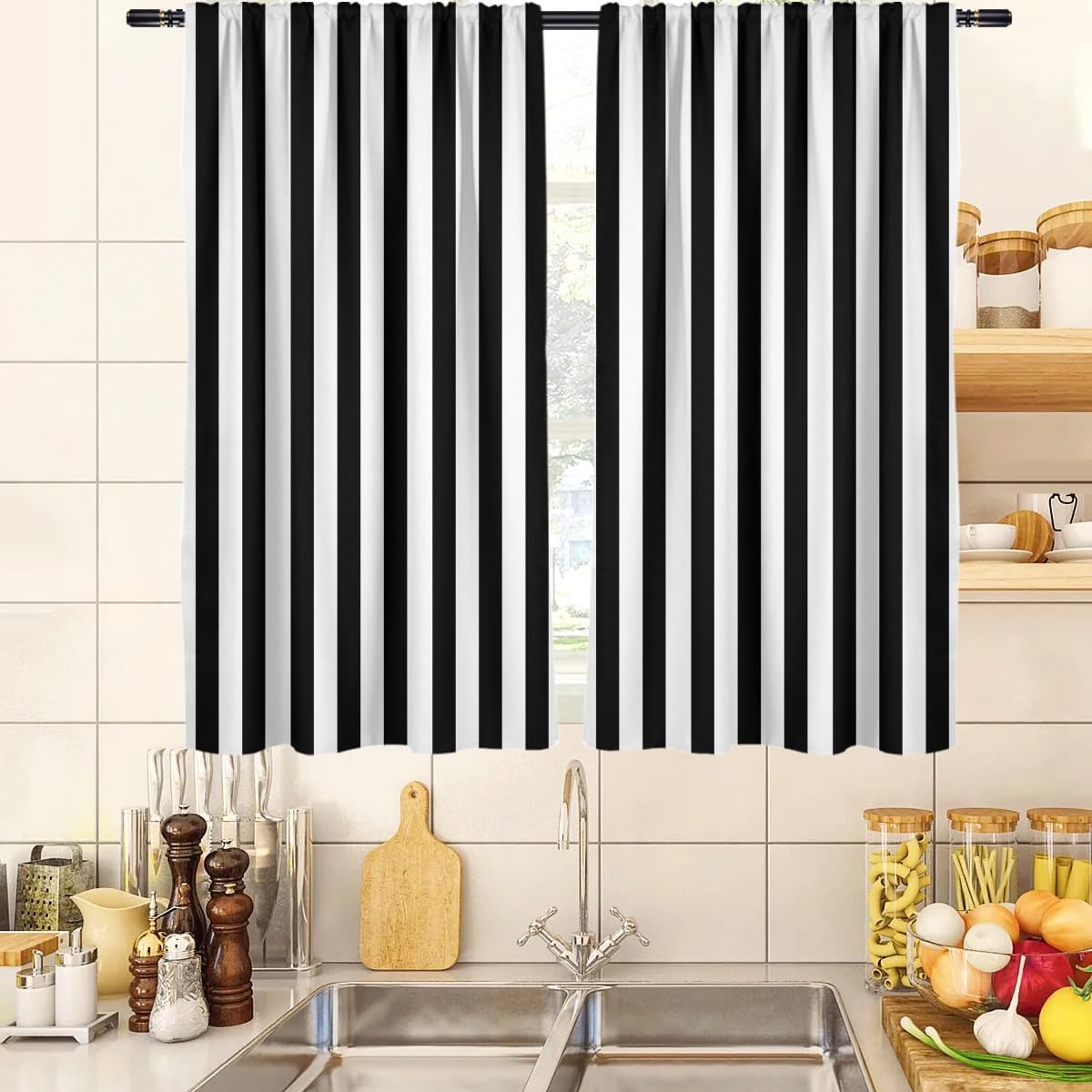 Black and White Kitchen Curtains Striped Simple Trendy Neutral Art Boys Men Teen Small Short 27.5" W x 39" L Window Treatment Tiers for Bedroom Living Room Bathroom 2 Panels Rod Pocket Drapes