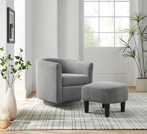 360 Degree Swivel Chair with Ottoman, Modern Upholstered Tufted Barrel Swivel Chair, Corduroy Fabric Accent Chair, Round Armchair Sofa for Living Room Bedroom