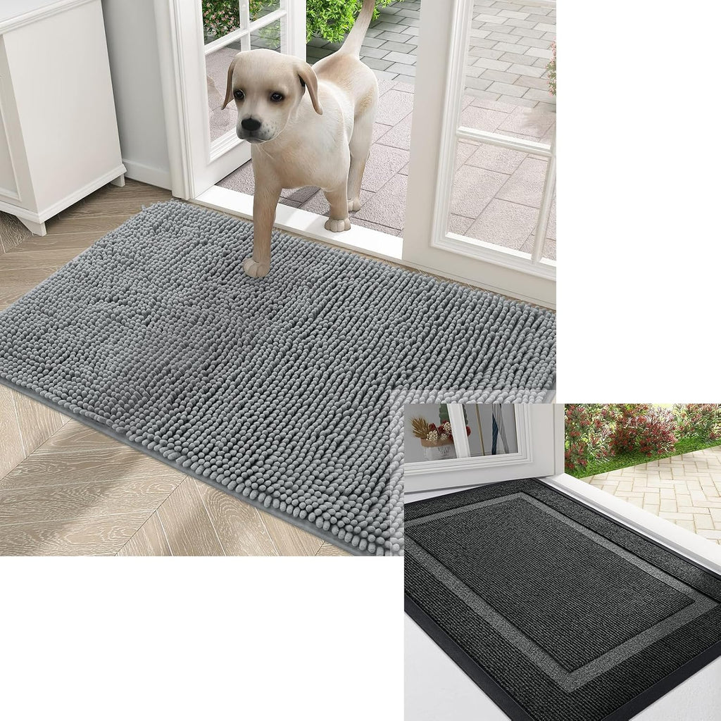 OLANLY Indoor Door Mat and Dog Door Mat, Indoor Door Mat Size 29.5x17 in Black and Dog Door Mat Size 30x20 in Grey, 2 Item Bundle