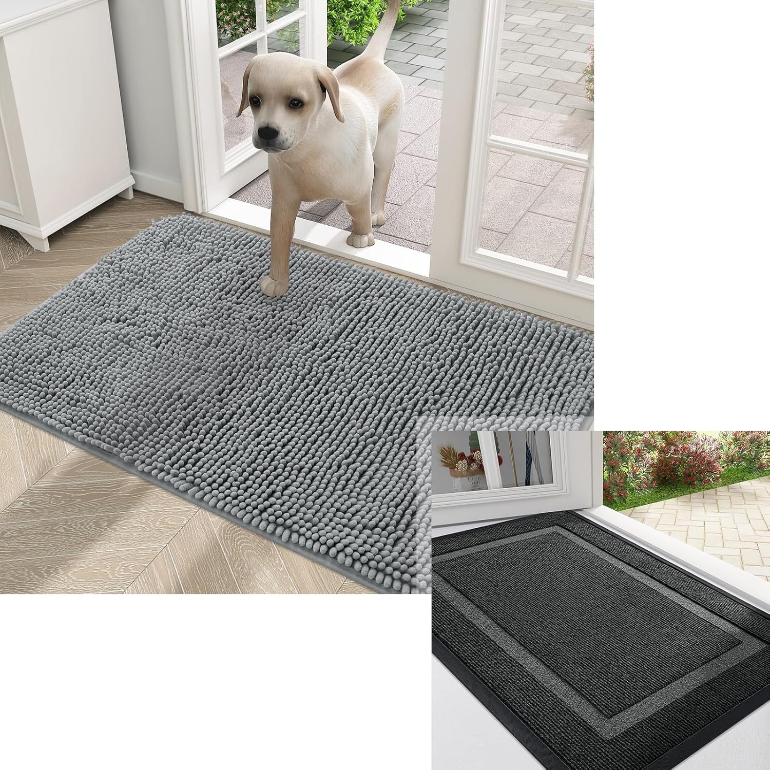OLANLY Indoor Door Mat and Dog Door Mat, Indoor Door Mat Size 29.5x17 in Black and Dog Door Mat Size 30x20 in Grey, 2 Item Bundle