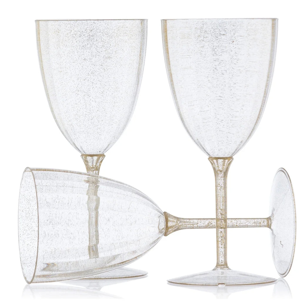 VeZee Disposable Plastic Gold Glitter Disposable Wine Glasses Goblet 7 Oz Pack of 16