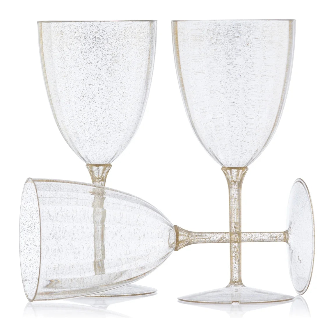 VeZee Disposable Plastic Gold Glitter Disposable Wine Glasses Goblet 7 Oz Pack of 16