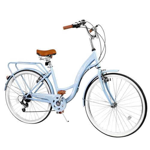 26 Inch Beach Cruiser Bike for Women, Hybrid Cruiser Bike with 7 Speed, Adjustable Seat, Lightweight Women Beach Cruiser Bike with Anti-Skid Tires, V-Brakes, Pink & Blue