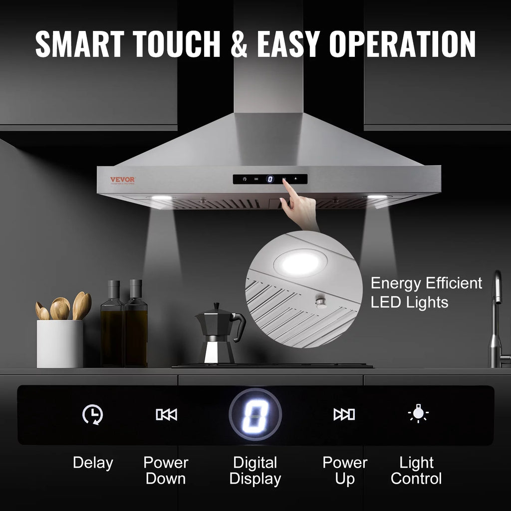 BENTISM 30" 350cfm 3 Speed Wall Mount Range Hood Ductless Kitchen Vent Stainless Steel 6" Round Vent