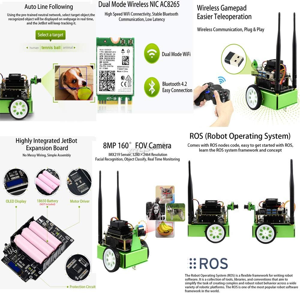 JetBot AI Kit Add-ons Accessories for Jetson Nano to Build Smart Robot JetBot with Front Camera Eye and ROS Nodes Code Dual Mode Wireless WiFi Bluetooth Facial Recognition Object Tracking @XYGStudy