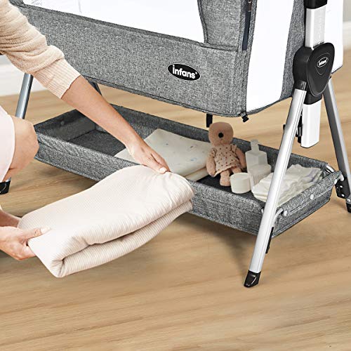 INFANS Baby Bassinet Bedside Crib, Newborn Sleeper w/Large Storage Basket, Adjustable Heights & Angle, Detachable &Washable Mattress, Breathable Mesh, Straps, Easy Moving Bed Side (Dark Grey)