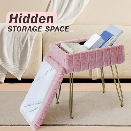 Vanity Stool Chair with Hidden Storage, Faux Fur Makeup Chair with Gold Metal Legs, Perfect for Makeup & Small Spaces, Soft, Comfy Ottoman for Bedroom, Vanity or Desk (Pink)
