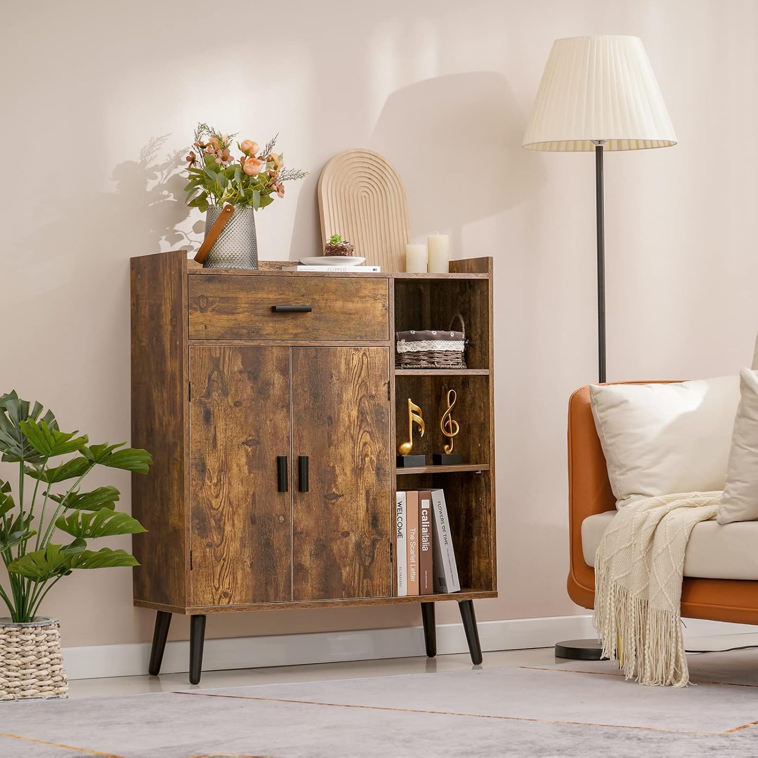 usikey Mid-Century Storage Cabinet with 1 Drawer 2 Doors 3 Shelves & Bookcase Storage Cabinet, Free Standing Cupboard with 4 Legs, Wine Cupboard with Door, for Bedroom Home Office, Rustic Brown