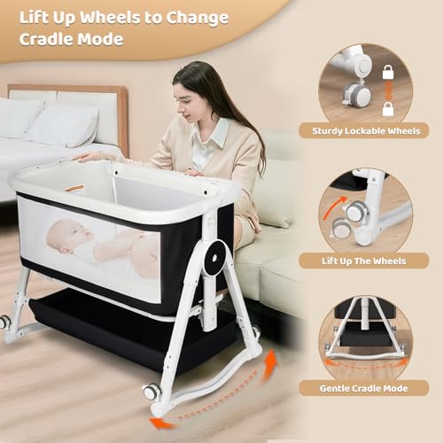 4 in 1 Baby Bassinet, Bassinet Bedside Sleeper with Wheels and Storage Basket, Adjustable 7 Heights Bedside Sleeper with Changing Station, Breathable Mesh Rocking Bassinet for Baby/Newborn