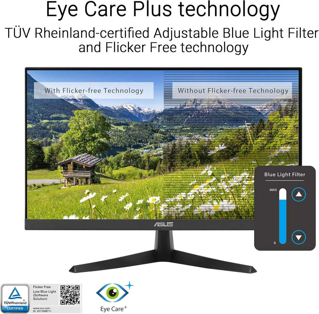 ASUS 22” (21.45" viewable) Eye Care Monitor (VY229HF) - Full HD, IPS, 100Hz, 1ms, SmoothMotion, Adaptive Sync, Eye Care Plus Technology, Blue Light Filter, Flicker Free, Tilt 3 yr Warranty