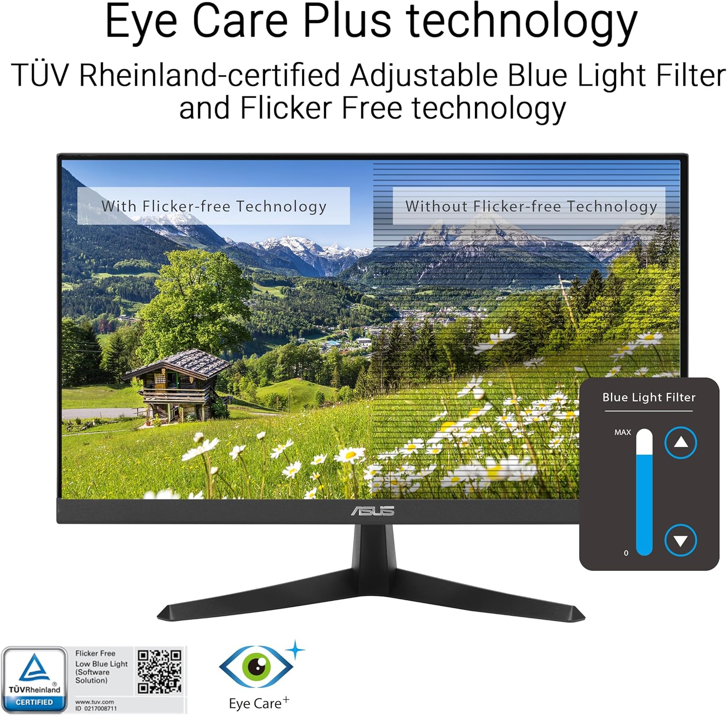 ASUS 22” (21.45" viewable) Eye Care Monitor (VY229HF) - Full HD, IPS, 100Hz, 1ms, SmoothMotion, Adaptive Sync, Eye Care Plus Technology, Blue Light Filter, Flicker Free, Tilt 3 yr Warranty