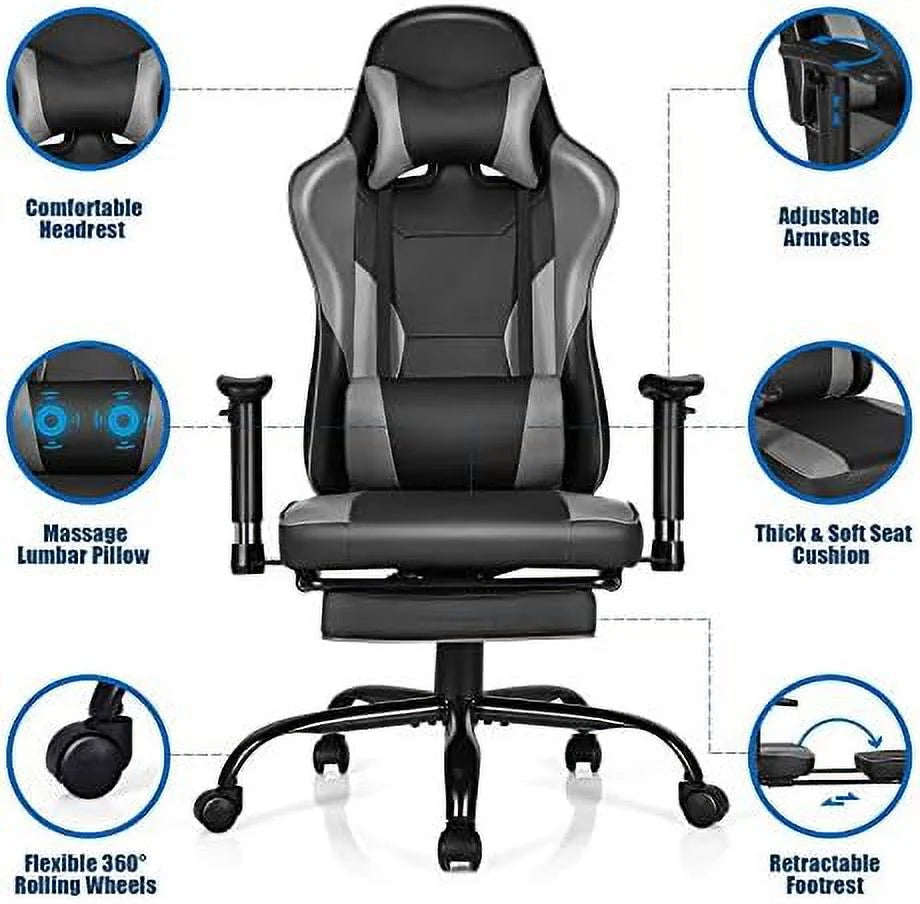 Gaming Chair  High Back Computer Gaming Chair with Adjustable Armrests &amp; Massage Lumbar Support  Swivel Ergonomic Reclining Office Chair (Black)