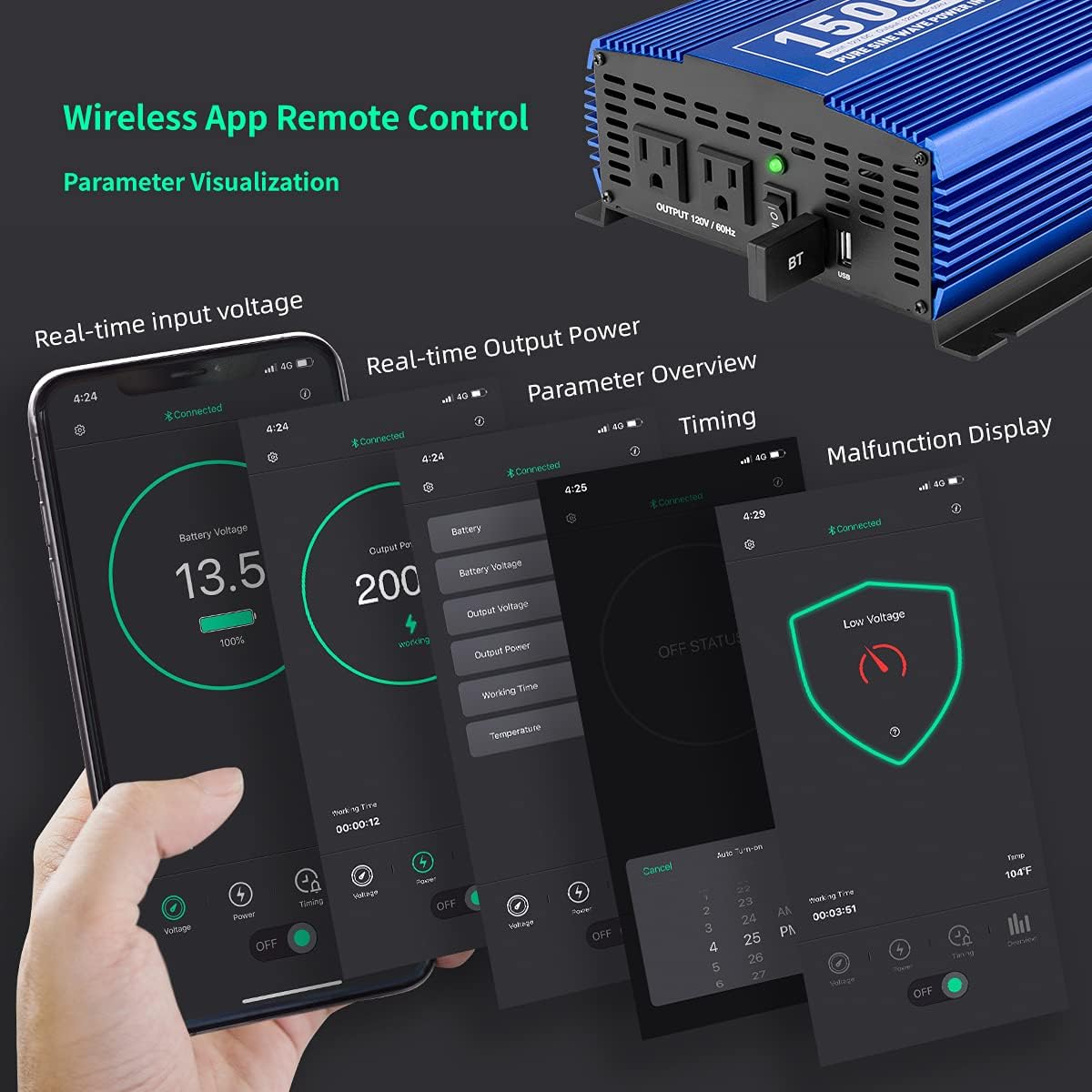 Kinverch 1500W Pure Sine Wave Power Inverter 12V DC to 110V AC Car Inverter with Bluetooth and 2AC Outlets &USB Port for Truck /RV /Home
