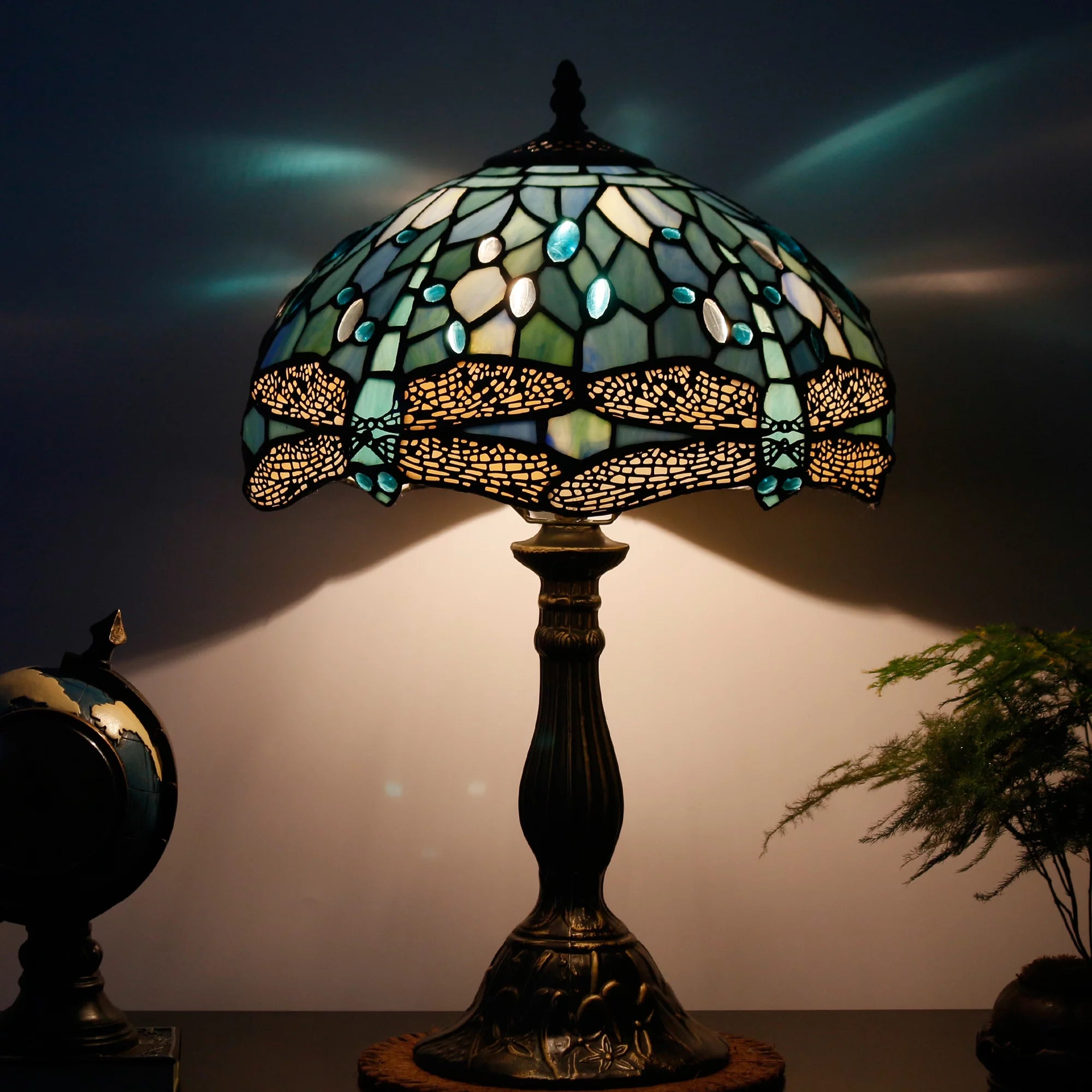Tiffany Lamp Table Lamp Sea Blue Stained Glass Dragonfly Style Luxurious Boho Banker Memory Lamp Sympathy Nightstand Reading Desk Light 18" Tall Bedside Bedroom Living Room Farmhouse Hotel