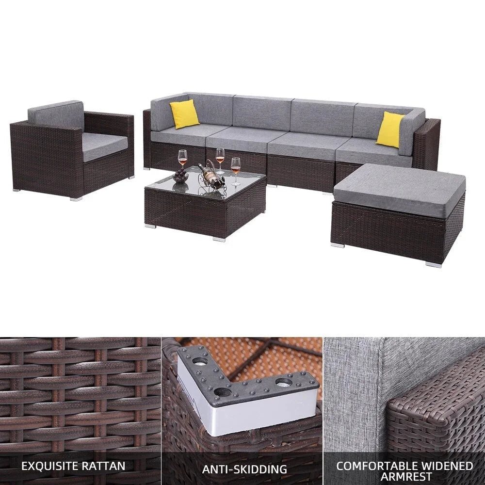 Two Styles US Warehouse 7 Pieces Patio PE Wicker Rattan Corner Sofa Set Patio Furniture  Set for Garden and Outdoors