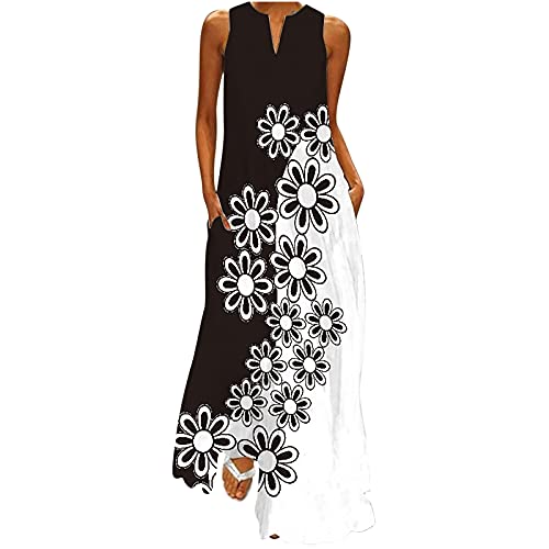Women's Casual Sundress Sleeveless V Neck Loose Maxi Dress Summer Beach Cover Up Printed Long Tank Maxi Dresses with Pocket