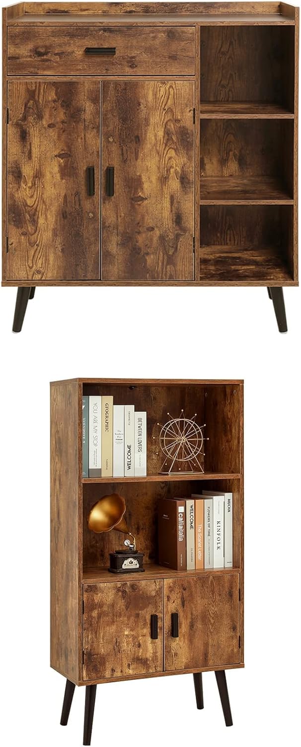 usikey Mid-Century Storage Cabinet with 1 Drawer 2 Doors 3 Shelves & Bookcase Storage Cabinet, Free Standing Cupboard with 4 Legs, Wine Cupboard with Door, for Bedroom Home Office, Rustic Brown