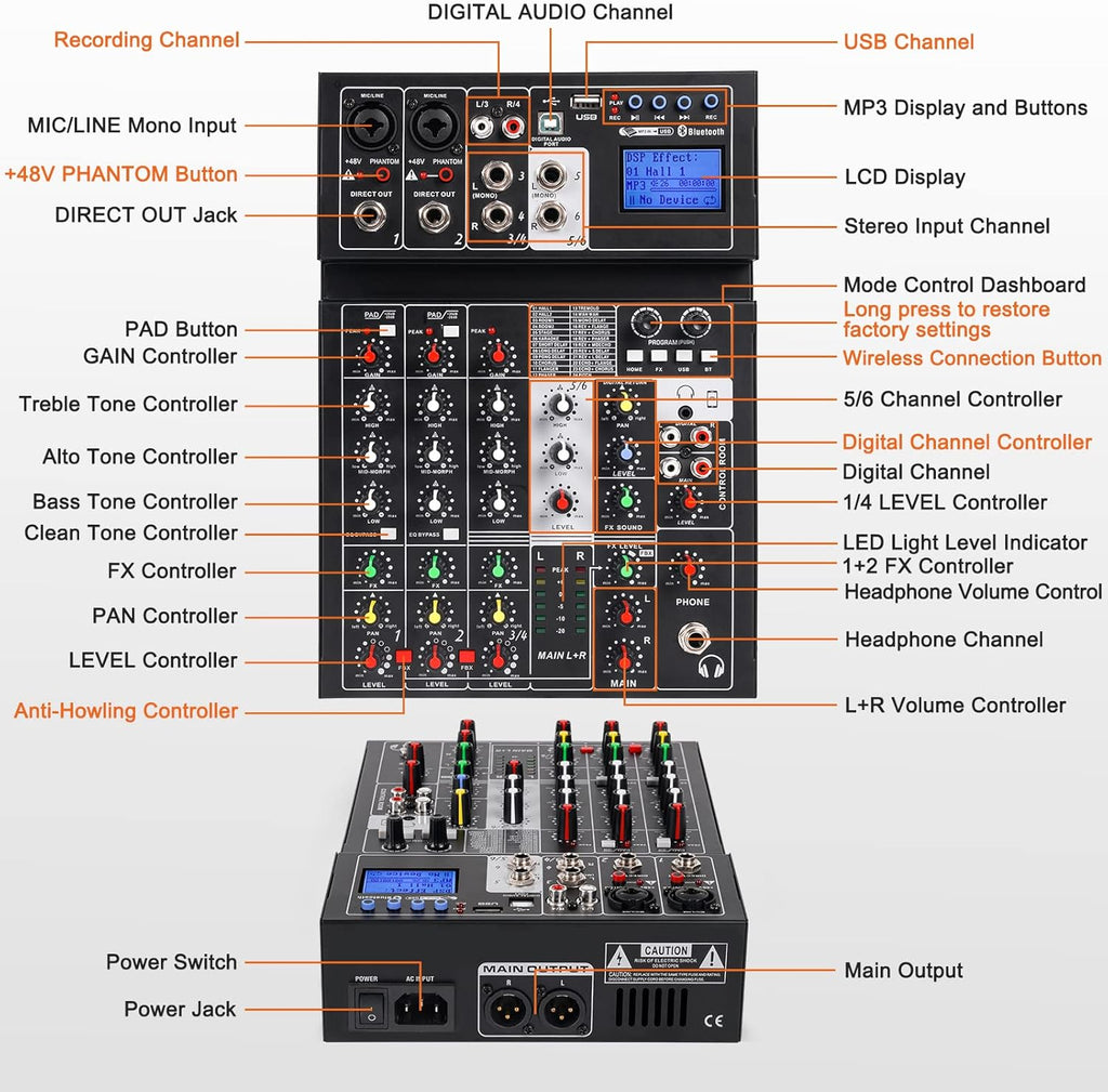 Audio Mixer Sound Board Console 6 Channel Sound Mixer Support Digital USB MP3 Computer Wireless Input with 48V Phantom Power for Professional and Beginners By Vangoa