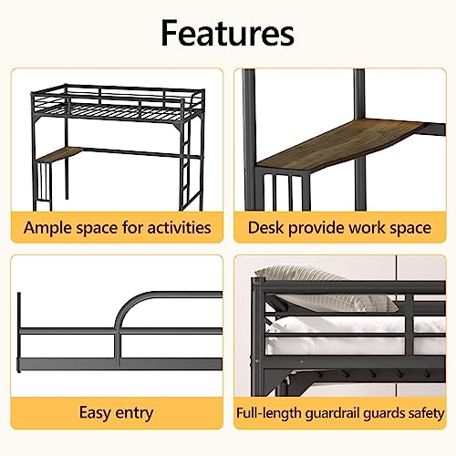 Petfu Loft Bed Twin Size with Desk, Metal Loft Bed Frame with Ladder and Safety Rails, Space-Saving, Noise Free, No Spring Box Needed, Black - 2024 New