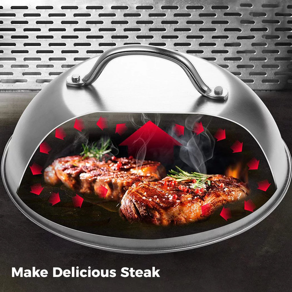Basting Cover, 2PCS Stainless Steel Cheese Melting Domes, Round Basting Cover with Scald-Proof Handle for Griddle Grill, Steaming Cover for Cooking Hamburgers Steaks Bacon