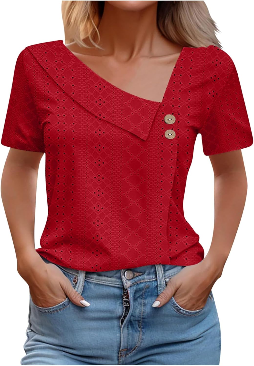Short Sleeve Shirts for Women V Neck Womens Summer Tops 2024 Button V Neck T Shirts Trendy Casual Short Sleeve Tunic Tops Eyelet T-Shirts Tunics Pallet Sales Amazon