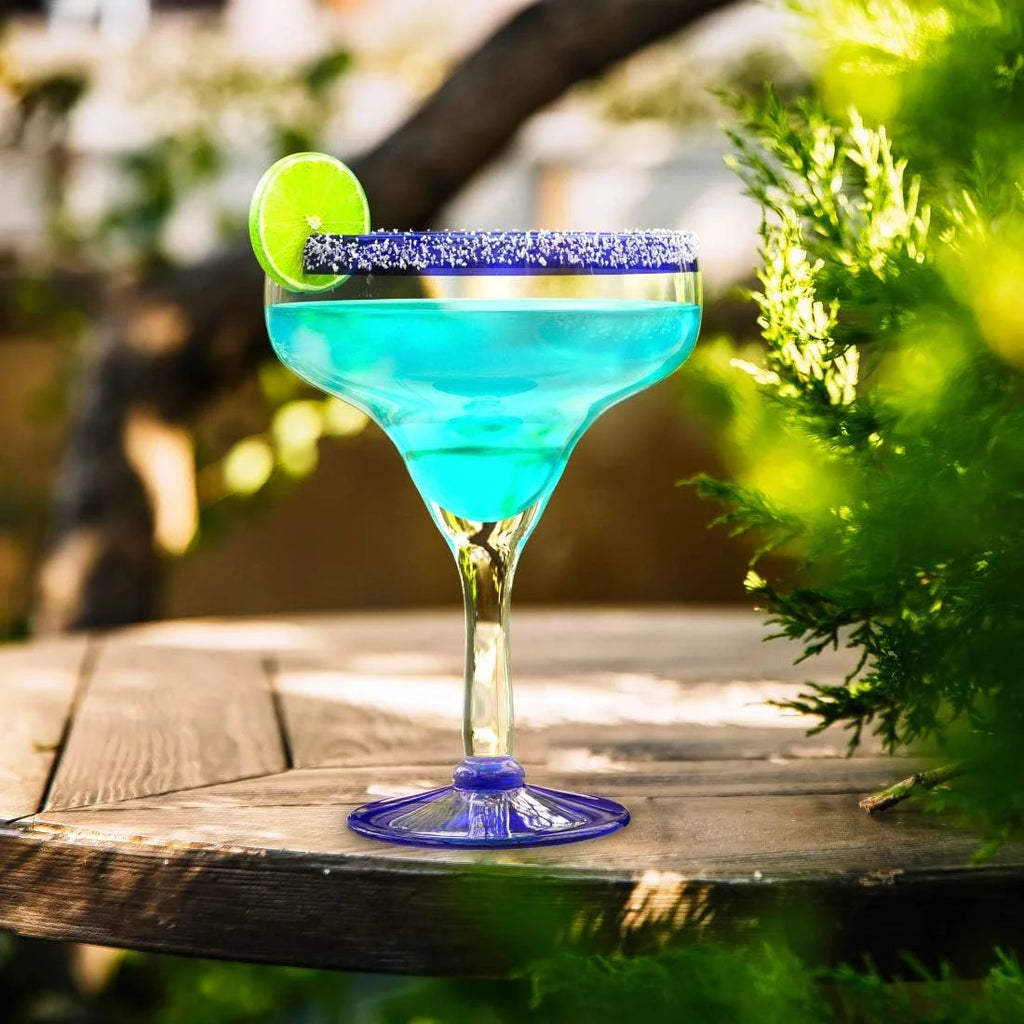 TWS Mexican Hand Blown 16oz Glasses, Set of 4, Cobalt Blue Rim, Margarita & Cocktail - The Wine Savant, Dishwasher Safe
