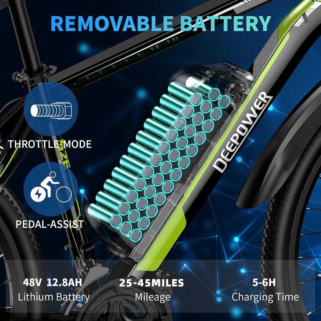 DEEPOWER S26 Electric Bike for Adult 500W Ebike 26" Mountain Electric Bicycle 48V 12.8Ah Battery 25-45Miles 25MPH Electric Bicycles 21-Speed Front Fork Suspension