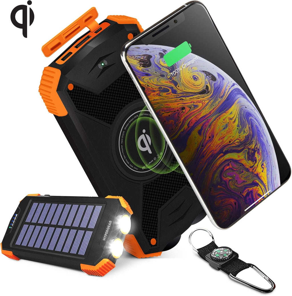 HyperGear Solar Wireless 10000mAh Portable Charger [Built-in Wireless Charging Pad,Solar Charging Panel,2 high-speed USB Ports,LED Flashlight,Compass]
