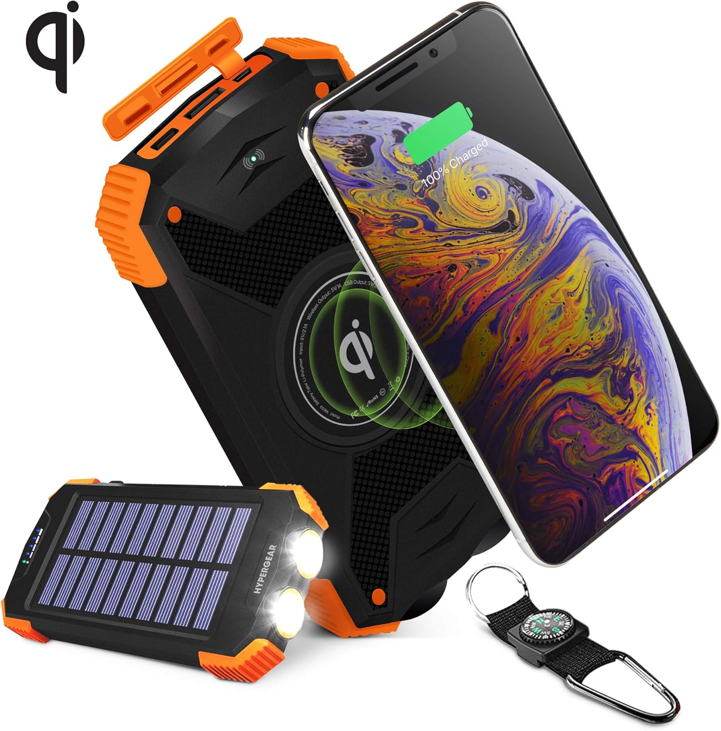 HyperGear Solar Wireless 10000mAh Portable Charger [Built-in Wireless Charging Pad,Solar Charging Panel,2 high-speed USB Ports,LED Flashlight,Compass]