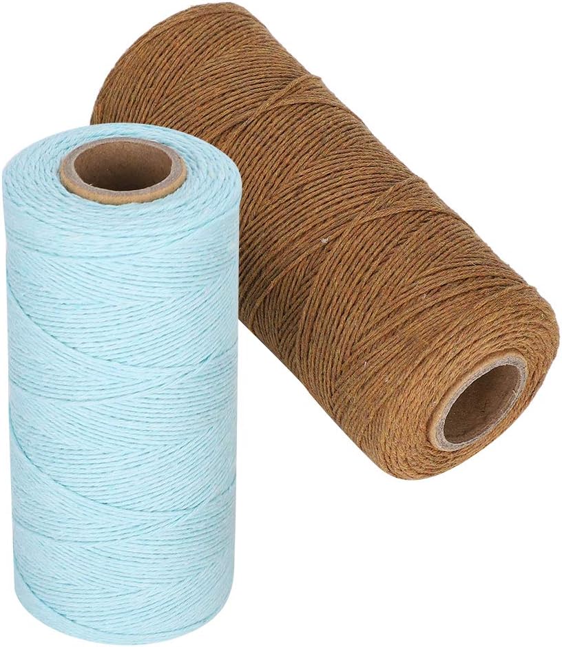 2 Rolls Craft Cotton Thread Twine Pure Cotton Yarn Tensile Resistant 8/4 Warp Thread for Knitting Tatting Carpet Tapestry(Brown+Light Blue)