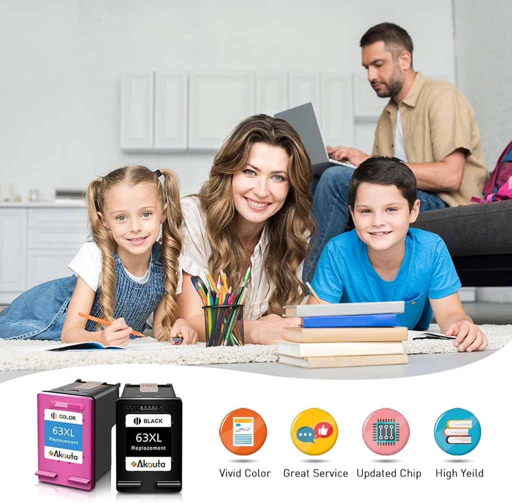 Akouta Remanufactured Ink Cartridge 63 Replacement for HP 63XL 63 XL Envy 4520 4512 4513 4516 OfficeJet 3830 5255 5258 DeskJet 1112 1110 3630 3632 3634 2130 2132 Printer (2 Black 1 Tri-Color) Pack of 2