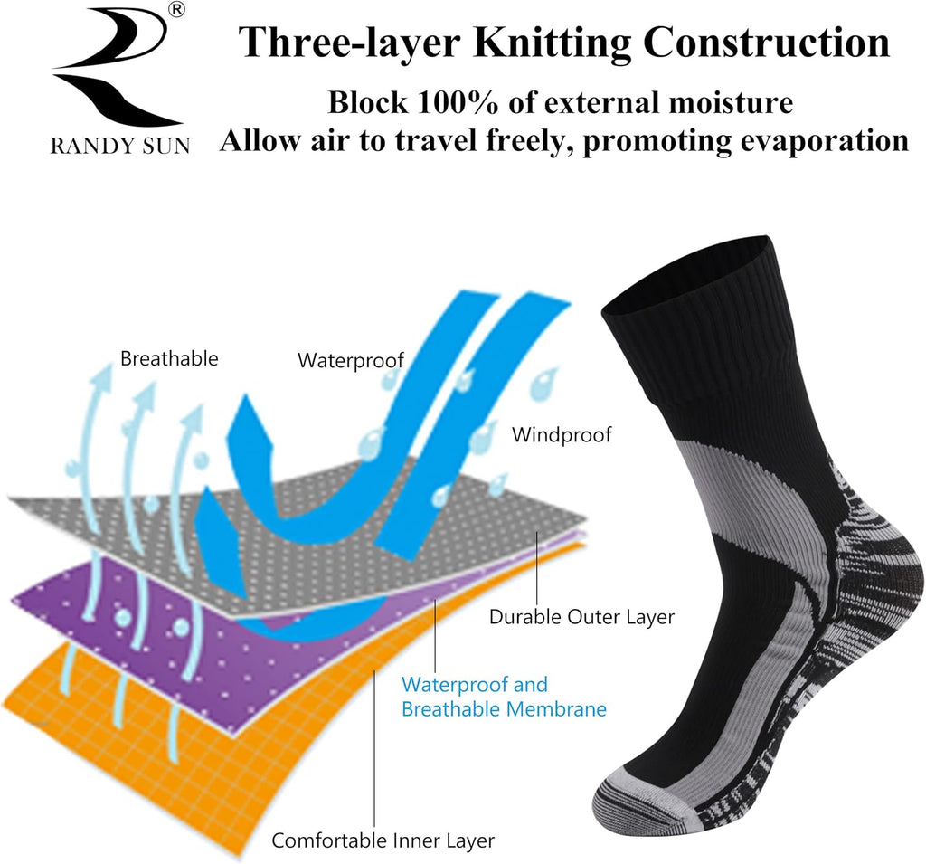 RANDY SUN Waterproof Breathable Socks, [SGS Certified] Unisex Novelty Skiing Trekking Hiking Wading Trail Socks 1 Pair