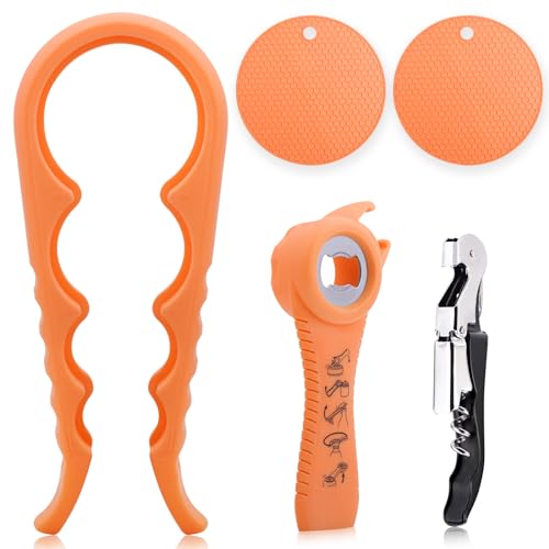 Astofli 5 Pack Bottle Opener Jar Opener For Weak Hands, Arthritic Hands, Seniors With 2 Pcs Silicone Rubber Jar Opener Gripper Pad, Easy Twist Jar Opener Tool Beer Bottle Cap Opener And Wine Key Set